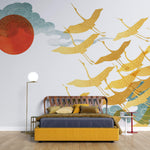 Tapet Japandi cu egrete aurii si nori cu motive japoneze seigaiha - AKAI GOLDEN CRANES