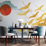 Tapet Japandi cu egrete aurii si nori cu motive japoneze seigaiha - AKAI GOLDEN CRANES