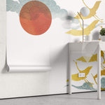 Tapet Japandi cu egrete aurii si nori cu motive japoneze seigaiha - AKAI GOLDEN CRANES