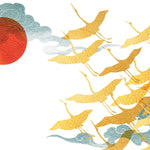 Tapet Japandi cu egrete aurii si nori cu motive japoneze seigaiha - AKAI GOLDEN CRANES
