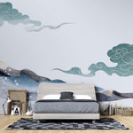 Tapet Japandi cu peisaj montan si nori abstracti ilustrati in stil japonez - SMOKEY MOUNTAINS