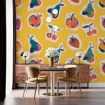 tapet personalizat bohemian fructe retro nostalgie culoare design jucaus farmec bucatarie zona dining retro fruits