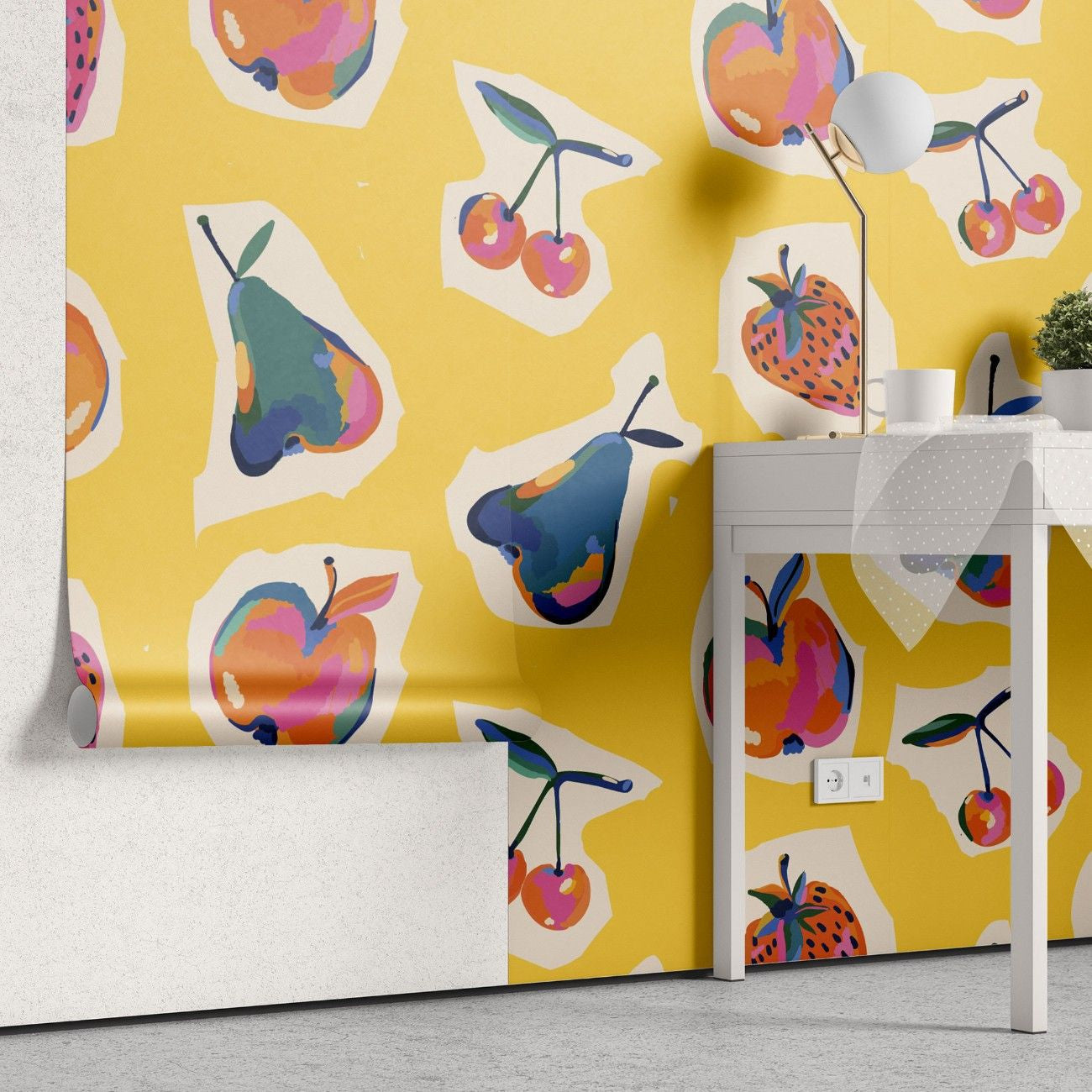 tapet personalizat bohemian fructe retro nostalgie culoare design jucaus farmec bucatarie zona dining retro fruits