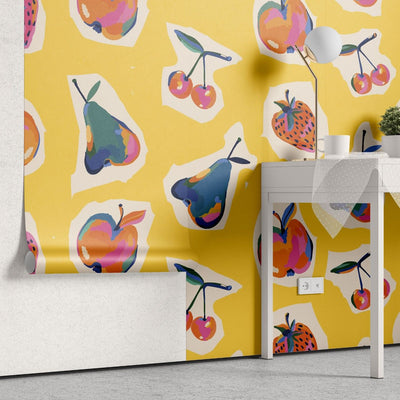 tapet personalizat bohemian fructe retro nostalgie culoare design jucaus farmec bucatarie zona dining retro fruits