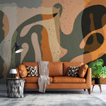 Tapet personalizat Bohemian cu elemente abstracte in nuante de portocaliu si verde kaki - BOHO SCULPTURAL
