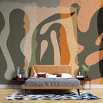 Tapet personalizat Bohemian cu elemente abstracte in nuante de portocaliu si verde kaki - BOHO SCULPTURAL