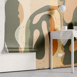 Tapet personalizat Bohemian cu elemente abstracte in nuante de portocaliu si verde kaki - BOHO SCULPTURAL