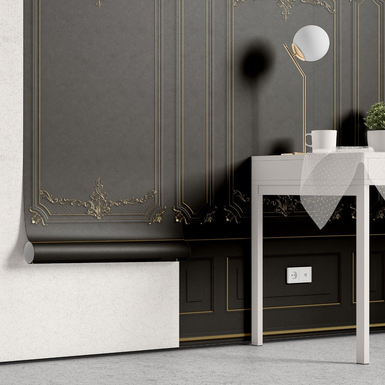 tapet personalizat arhitectural walls design rafinat nuante negru aspect sofisticat modern profunzime stil incapere refined black