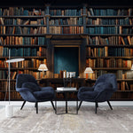 Tapet personalizat Architectural Walls cu bibilioteca cu carti vechi si lampi aprinse cu lumina difuza - BOOKSHELF