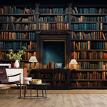 Tapet personalizat Architectural Walls cu bibilioteca cu carti vechi si lampi aprinse cu lumina difuza - BOOKSHELF