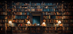 Tapet personalizat Architectural Walls cu bibilioteca cu carti vechi si lampi aprinse cu lumina difuza - BOOKSHELF