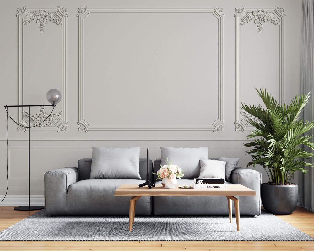 Tapet personalizat Architectural Walls cu panouri si baghete decorative in nuante de alb - WIDE WHITE BOISERIE