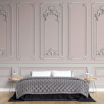Tapet personalizat Architectural Walls cu rame decorative albe pe un perete roz - LIGHT PINK BOISERIE