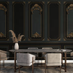 Tapet personalizat Architectural Walls cu rame decorative aurii si pereti in nuante de negru si verde in stil baroc - BAROQUE NOIR
