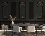 Tapet personalizat Architectural Walls cu rame decorative aurii si pereti in nuante de negru si verde in stil baroc - BAROQUE NOIR
