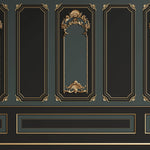 Tapet personalizat Architectural Walls cu rame decorative aurii si pereti in nuante de negru si verde in stil baroc - BAROQUE NOIR