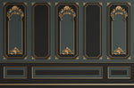 Tapet personalizat Architectural Walls cu rame decorative aurii si pereti in nuante de negru si verde in stil baroc - BAROQUE NOIR