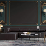 Tapet personalizat Architectural Walls cu rame decorative aurii si pereti in nuante de verde si negru si lampi decorative - LAMP WAINSCOT