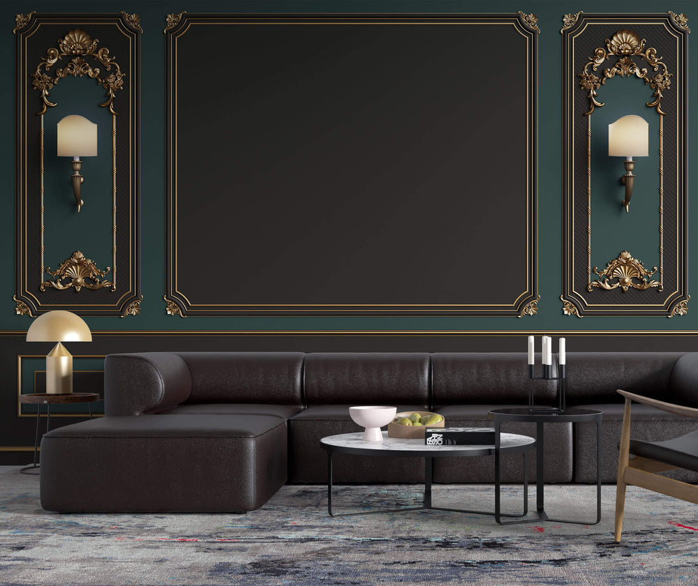 Tapet personalizat Architectural Walls cu rame decorative aurii si pereti in nuante de verde si negru si lampi decorative - LAMP WAINSCOT