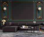 Tapet personalizat Architectural Walls cu rame decorative aurii si pereti in nuante de verde si negru si lampi decorative - LAMP WAINSCOT