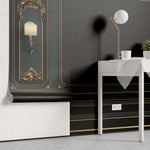 Tapet personalizat Architectural Walls cu rame decorative aurii si pereti in nuante de verde si negru si lampi decorative - LAMP WAINSCOT