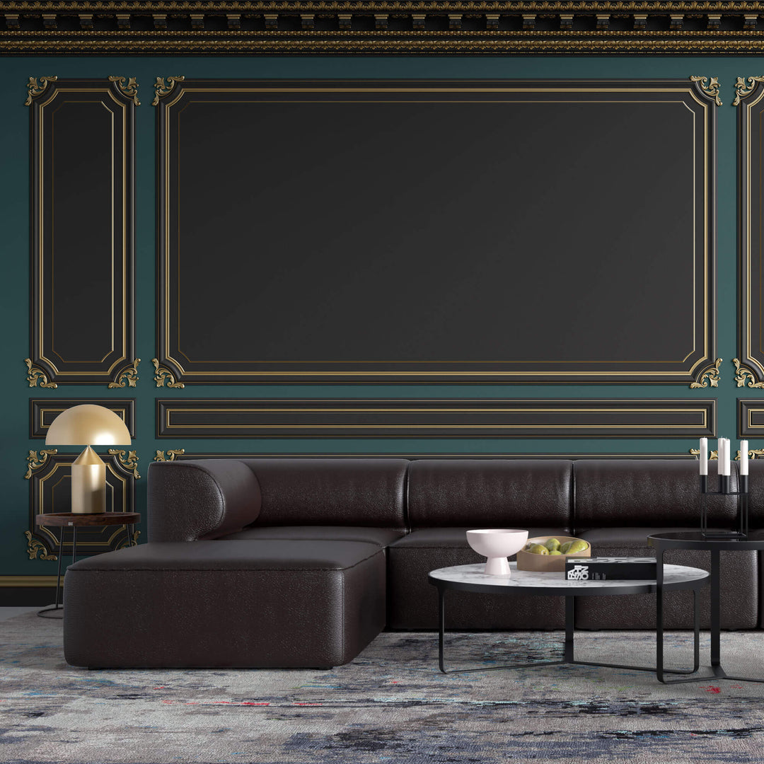 Tapet personalizat Architectural Walls cu ancadramente aurii si pereti in nuante de negru si verde - POOL TABLE