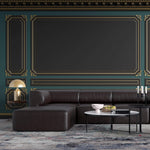 Tapet personalizat Architectural Walls cu ancadramente aurii si pereti in nuante de negru si verde - POOL TABLE