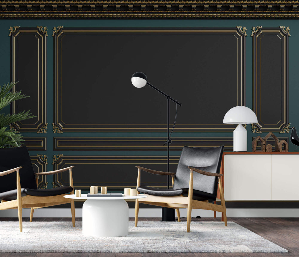 Tapet personalizat Architectural Walls cu ancadramente aurii si pereti in nuante de negru si verde - POOL TABLE