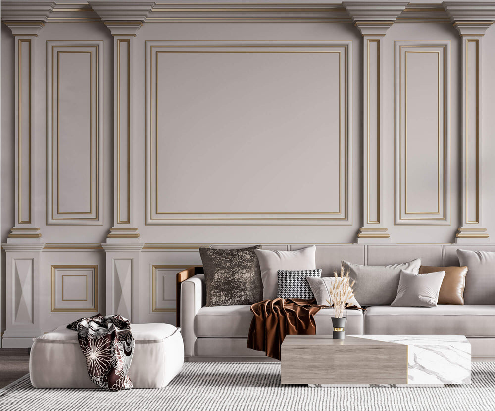 Tapet personalizat Architectural Walls cu rame aurii si coloane decorative in nuante de alb - GOLDEN FRAMES
