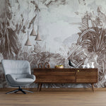 Tapet personalizat retro & vintage cu plante tropicale in nuante de maro pe fundal albastru deschis in stil retro spotty jungle