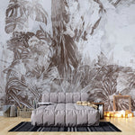 Tapet personalizat retro & vintage cu plante tropicale in nuante de maro pe fundal albastru deschis in stil retro spotty jungle