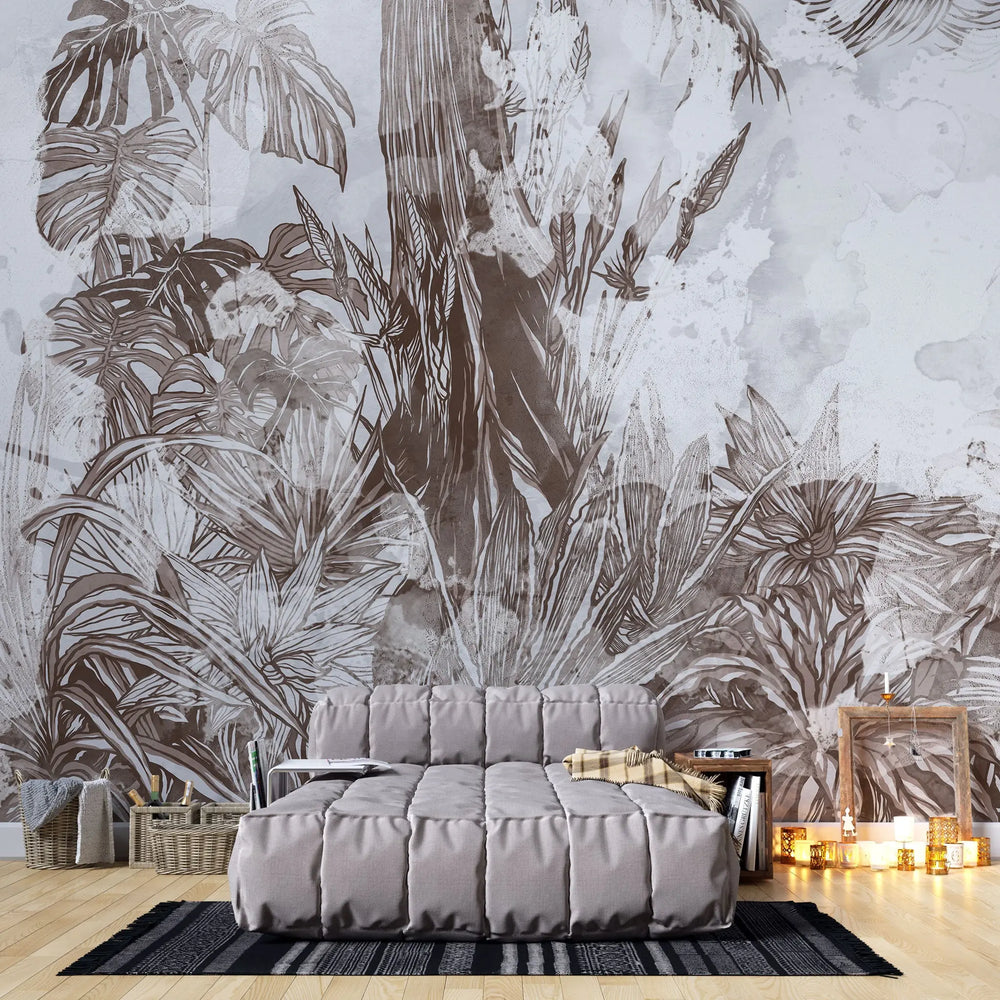 Tapet personalizat retro & vintage cu plante tropicale in nuante de maro pe fundal albastru deschis in stil retro spotty jungle