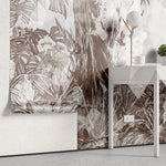 Tapet personalizat retro & vintage cu plante tropicale in nuante de maro pe fundal albastru deschis in stil retro spotty jungle