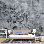 Tapet personalizat retro & vintage cu plante tropicale in textura de fagure in nuante de gri si negru grey honeycomb print