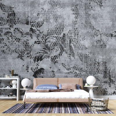 fototapet-personalizat-retro-&-vintage-cu-plante-tropicale-in-textura-de-fagure-in-nuante-de-gri-si-negru-grey-honeycomb-print