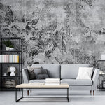 Tapet personalizat retro & vintage cu plante tropicale in textura de fagure in nuante de gri si negru grey honeycomb print