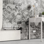 Tapet personalizat retro & vintage cu plante tropicale in textura de fagure in nuante de gri si negru grey honeycomb print