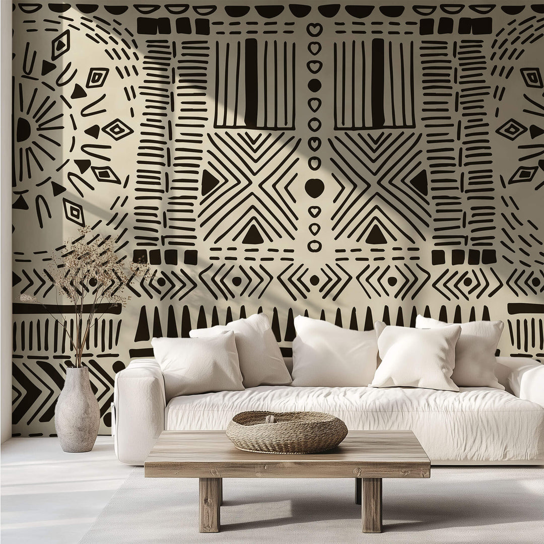 Tapet Personalizat Retro Vintage cu modele aztece si tribale in nuante de crem si negru - AZTEC TRIBAL