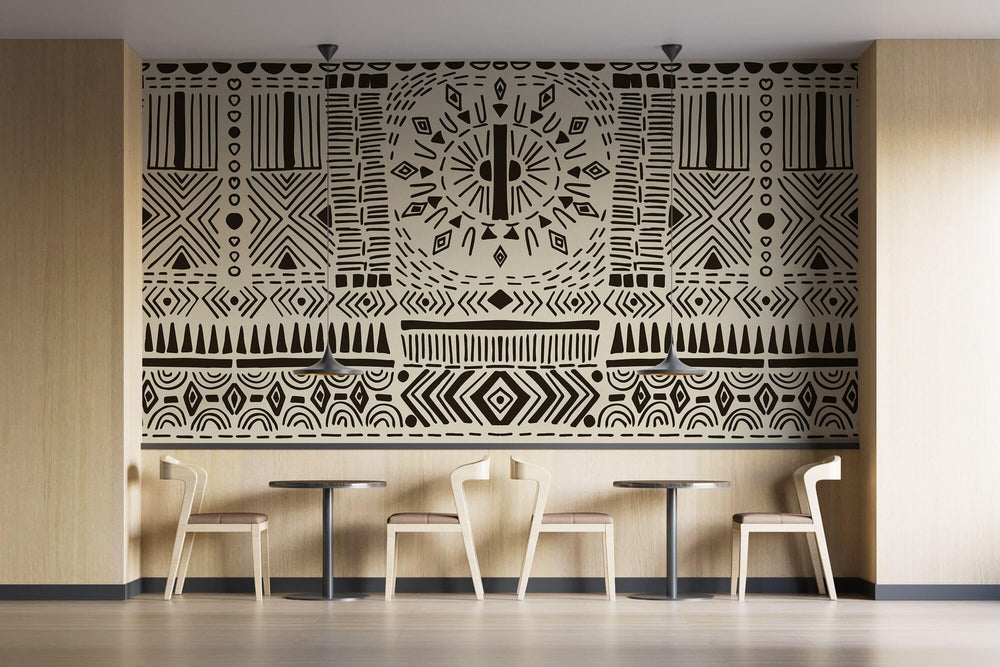 Tapet Personalizat Retro Vintage cu modele aztece si tribale in nuante de crem si negru - AZTEC TRIBAL