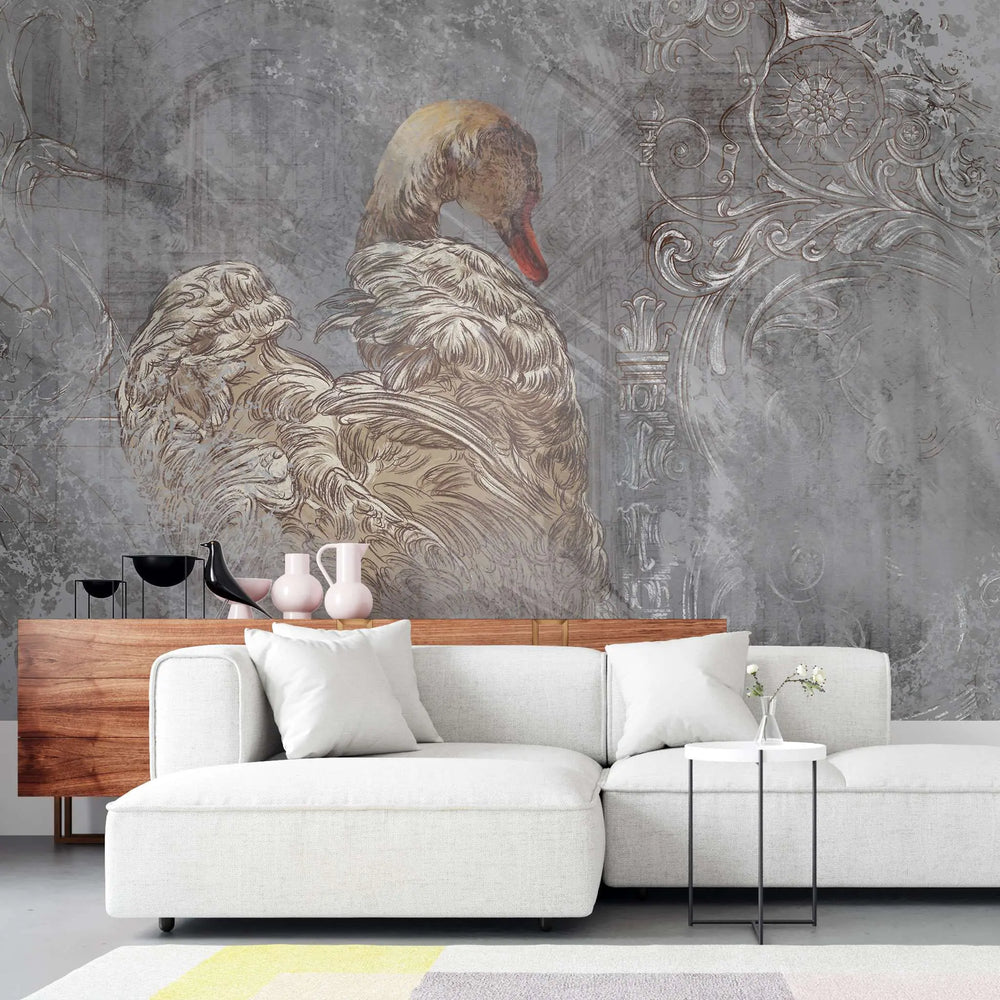 Tapet personalizat victorian cu gasca pe un fundal gri in stil victorian victorian goose