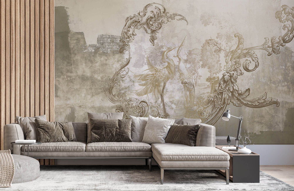 Tapet Personalizat Victorian cu egrete in stil vintage in nuante de bej - VINTAGE BEIGE EGRETES