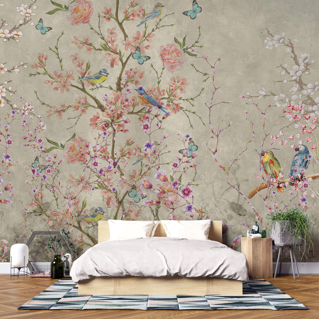 Tapet Personalizat Victorian cu gradina inflorita si pasari colorate - VICTORIAN VIVID GARDEN