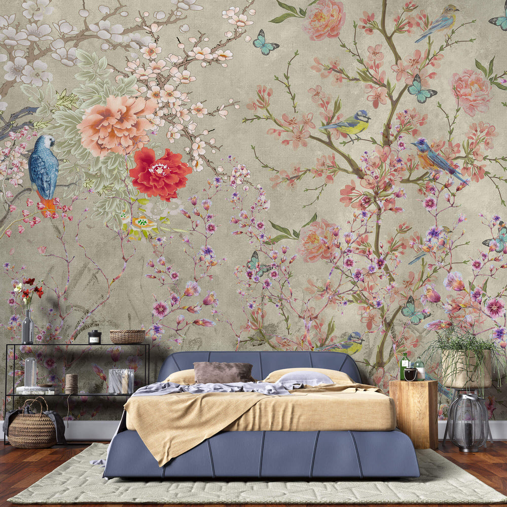 Tapet Personalizat Victorian cu gradina inflorita si pasari colorate - VICTORIAN VIVID GARDEN