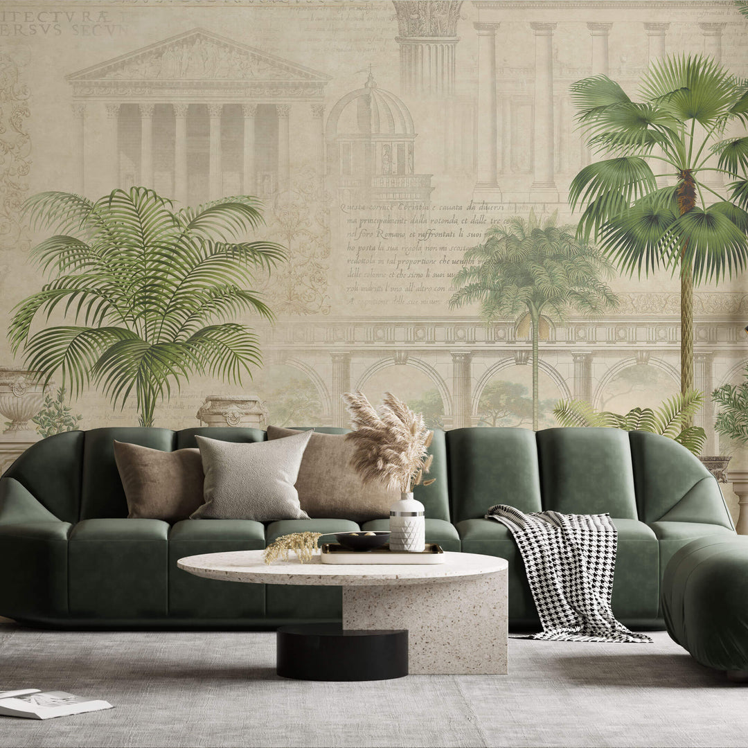 Tapet Personalizat Victorian cu cladire eche cu inscriptii si palmieri - ROMAN INSCRIPTIONS