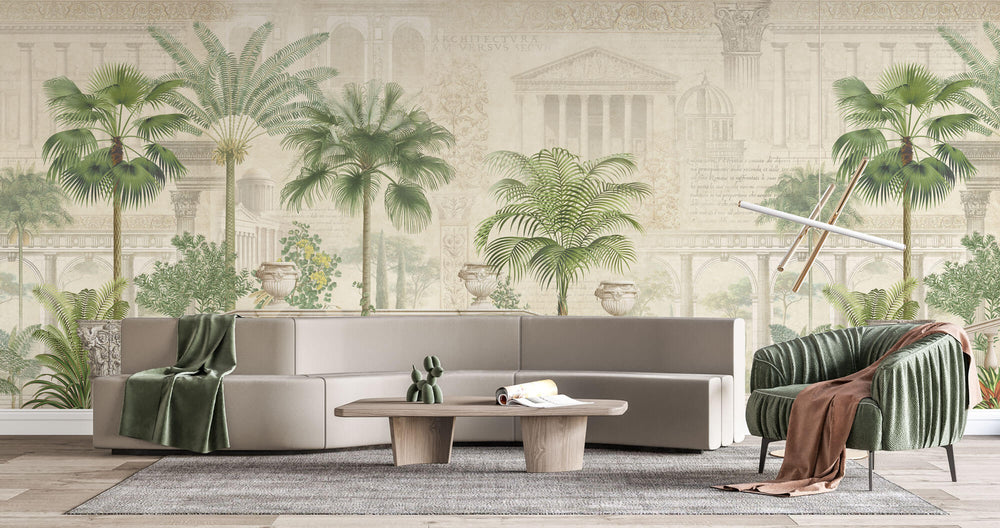 Tapet Personalizat Victorian cu cladire eche cu inscriptii si palmieri - ROMAN INSCRIPTIONS