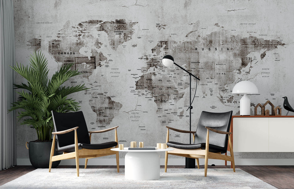 Tapet Personalizat cu harta lumii in stil grunge cu textura de perete cimentat - GRUNGE WORLD'S MAP