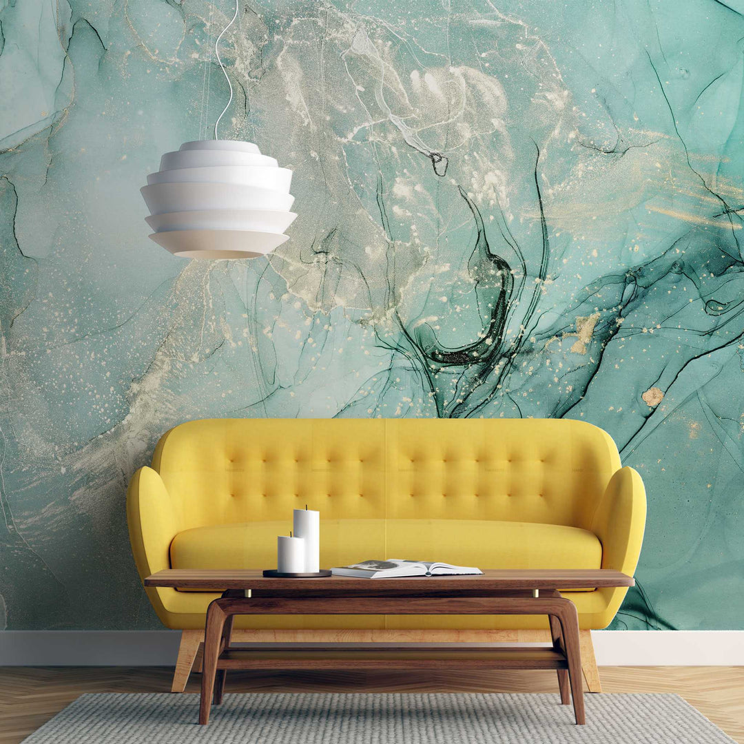 Tapet personalizat marble in nuante de verde alga si praf auriu goldish algae