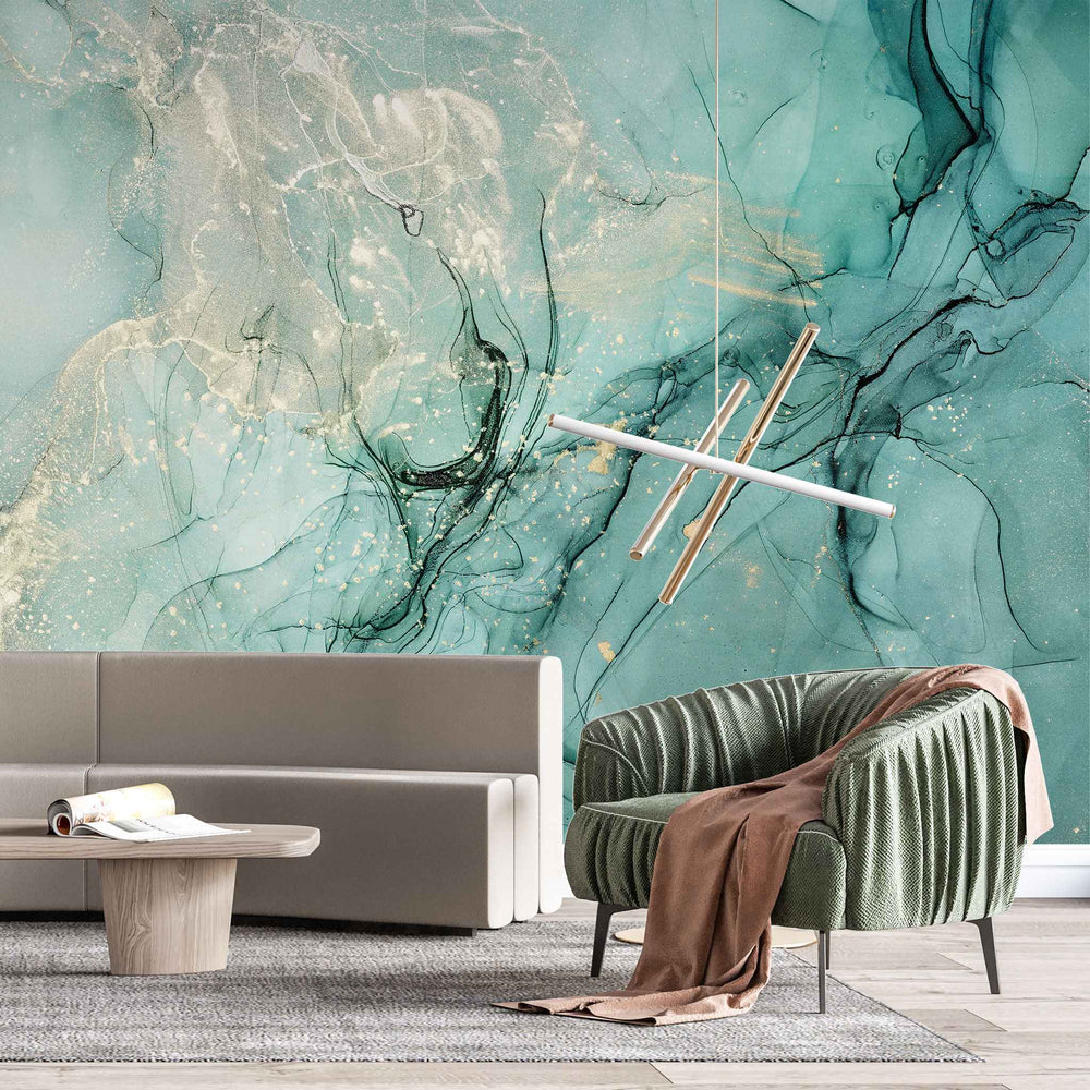 Tapet personalizat marble in nuante de verde alga si praf auriu goldish algae