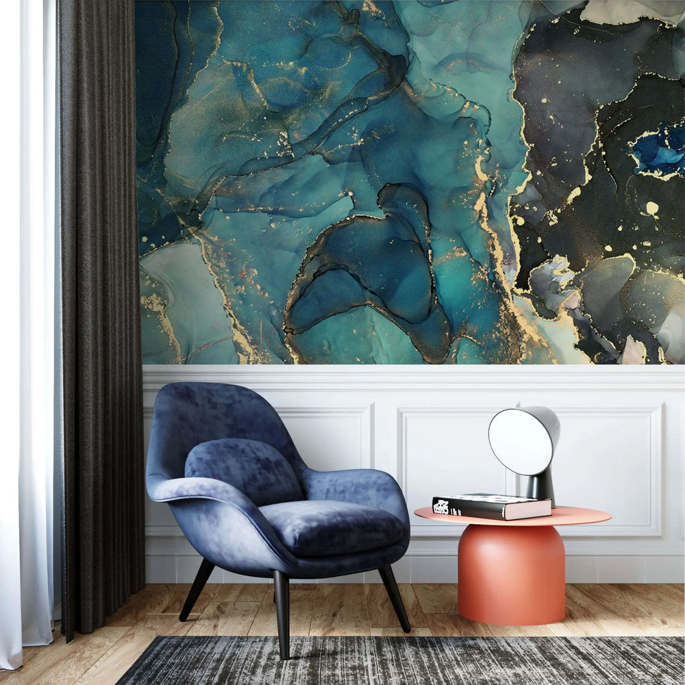 Tapet personalizat marble in nuante de verde albastru si negru cu insertii aurii stormy sea