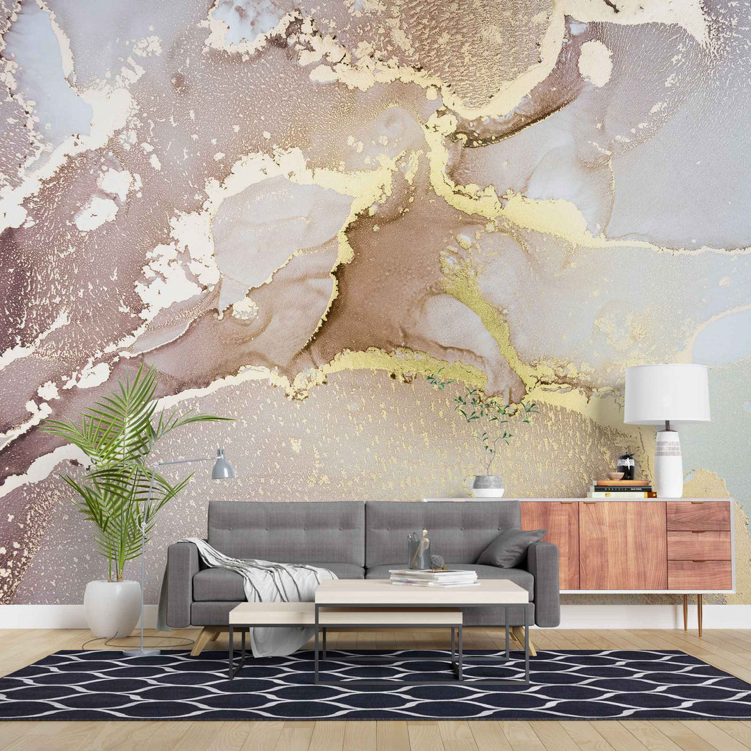 Tapet personalizat marble in nuante de roz somon cu insertii aurii golden salmon